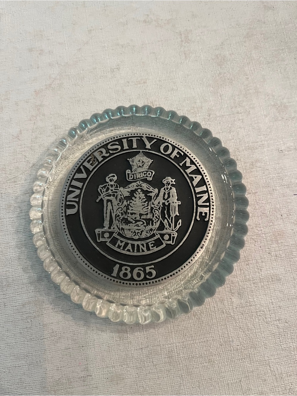 Vintage Black and silver University of Maine official Seal Glass Paperweight.